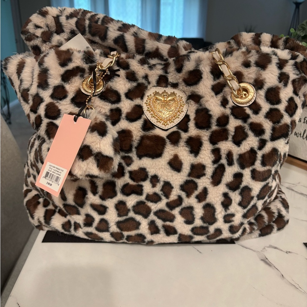 Juicy Couture Love Furry Friends Tote Leopard Print Faux Fur Tote Bag